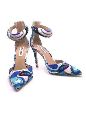 Steve Madden Ele Puff Blue Multi Ankle Strap Pumps Heels Size 8